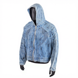 Veste à capuche en jean délavé pour homme, style décontracté, fermeture éclair intégrale, coupe oversize, style automne, coupe classique, motif imprimé, couleur bleue - Product Image 1