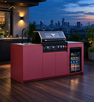Îlot de cuisine extérieur tout-en-un en stock, avec barbecue double combustible, évier en acier inoxydable 304 et éclairage LED pour terrasse