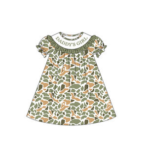 Robe d'été pour bébé fille GSD3544, camouflage orange et vert, manches bouffantes, robe de papa, vente en gros - Product Image 1