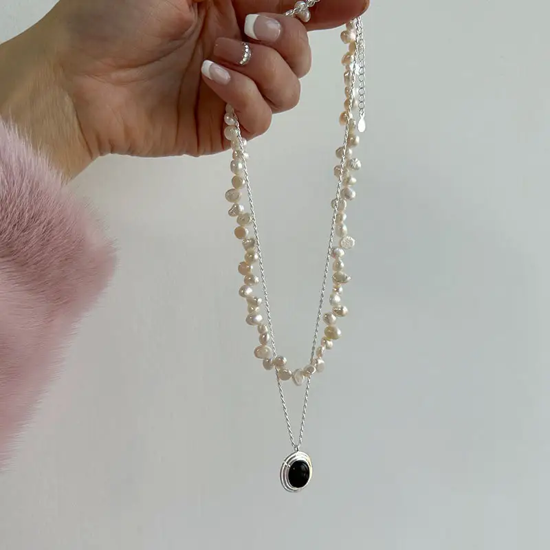 XIXI collana Vintage in agata nera all'ingrosso collana girocollo in argento 925 con perle barocche di alta qualità