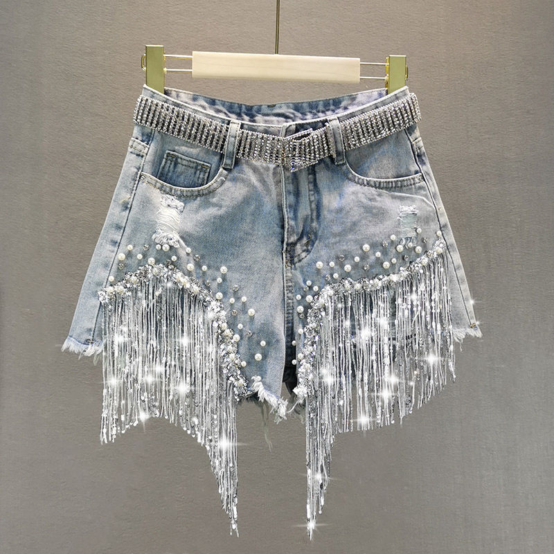 Shorts femininos casuais de cintura alta, calção feminina elegante, nova bermuda de denim com miçangas de borla, perna larga, primavera e verão, 2022