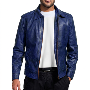 Men's Blue Genuine <b>Leather</b> <b>Jacket</b> Turn-down Collar Zipper Closure Solid Color Regular Length Casual Autumn Wear - Product Image 1
