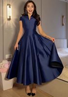 Robes d'été tendance pour femmes, élégantes et décontractées, col en V, manches courtes, coupe trapèze, en satin, pour fêtes et bureau