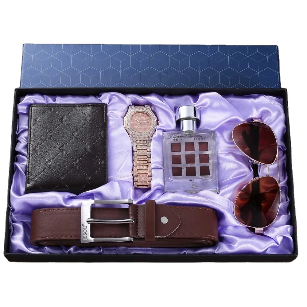 Factory direct sales Qixi gift set full diamond steel belt watch plus belt plus glasses plus perfume plus wallet