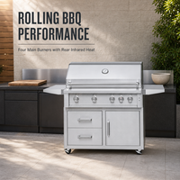 Barbecue autoportant haut de gamme moderne en acier inoxydable avec quatre brûleurs, chaleur infrarouge arrière et armoire de rangement pour usage domestique et extérieur