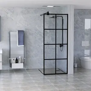 Bathroom Walk In Shower Screen Black Grid Fixed Shower Glass Panel For Walkin Shower