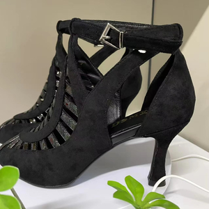 Sandales de danse de salon noires en cuir de maille pour femmes <span class=keywords><strong>Salsa</strong></span> Latin Jazz Dancing Heels Beginner Practice Boots - Product Image 3