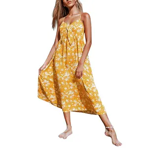 Gaun Panjang Wanita Lembut Ramah Kulit, Gaun Sling Bunga Leher V Dalam Musim Panas Kuning