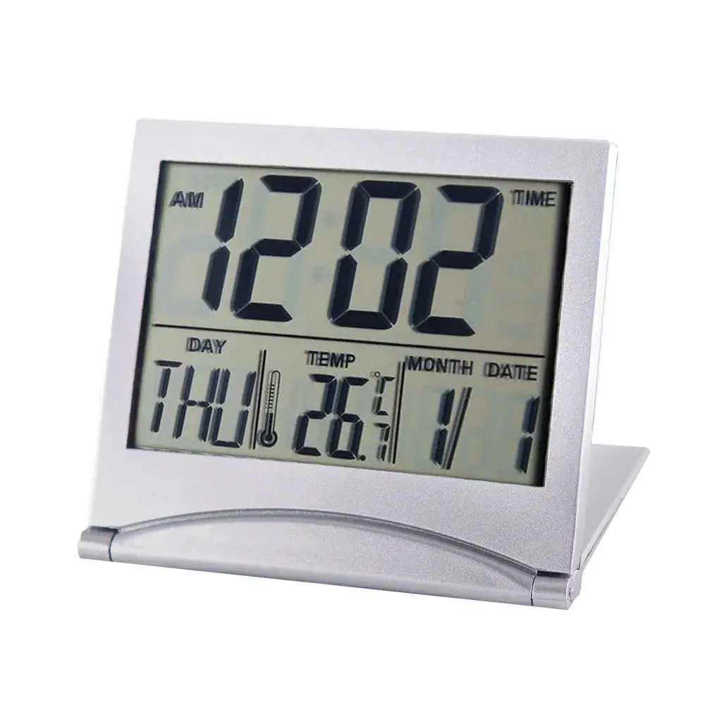 นาฬิกาปลุกอิเล็กทรอนิกส์ขนาดเล็กแบบพับได้,นาฬิกาปลุกปฏิทินดิจิทัลหน้าจอ LCD ตั้งโต๊ะสถานีอากาศอุณหภูมิตั้งโต๊ะสำหรับเดินทางนาฬิกาปลุก