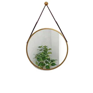 Round mirror with leather strap Aluminum Alloy Large Metal Frame wall Mounted Bathroom supplier decorative mirror espejos mirror