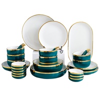 Service de vaisselle rond nordique pour la maison, luxe léger, bols et assiettes en céramique à bord doré, motif uni, vert émeraude