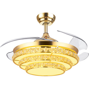 42 Inch <b>Crystal</b> <b>Ceiling</b> Fan <b>Light</b> Invisible Retractable Blades Remote Control Dimmable <b>LED</b> Chandelier Fan 5-Speed DC Motor Home - Product Image 1