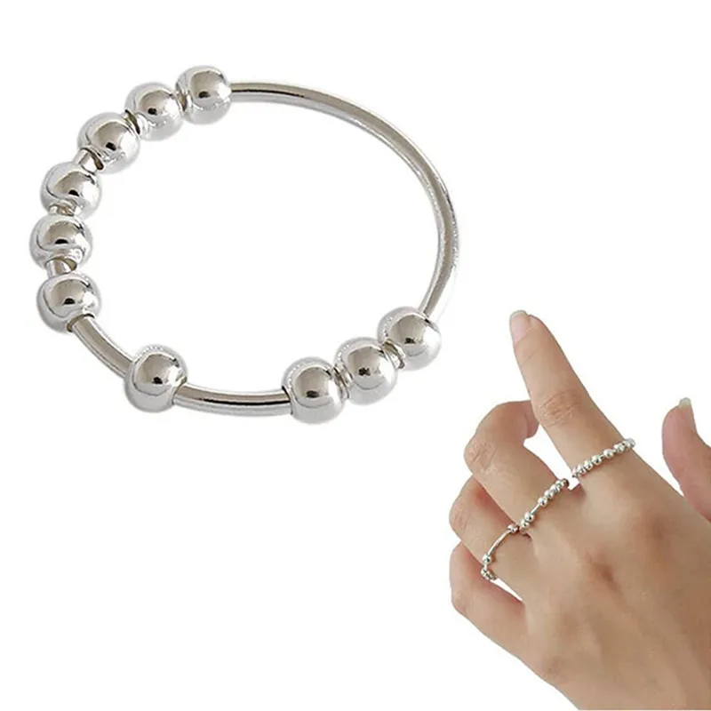 Fidget Ring Stainless Steel Slide Bead Balls Women Ring Fashion Anxiety Jewelry Rings