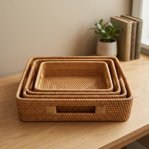 Panier de rangement en rotin écologique de couleur naturelle, formes variées, pour la décoration et l'organisation de la salle de bain, du salon, rectangulaire - Product Image 3