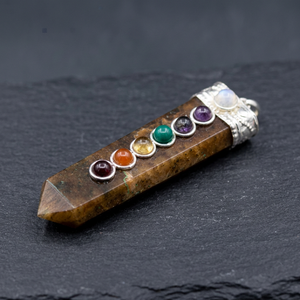 Handmade Tiger Eye Chakra Pendant With Seven Gemstone Inlays Reiki <b>Healing</b> Crystal Jewelry Silver Cap Pointed Shape - Product Image 3