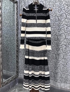 Chất lượng hàng đầu của phụ nữ thiết lập 2024 mùa thu mùa đông váy phù hợp với phụ nữ lần lượt xuống cổ áo sọc mô hình đan áo len + Dệt Kim Dài váy - Product Image 2