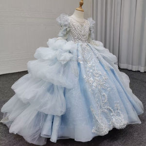ชุดเดรสงานเลี้ยงสำหรับเด็กผู้หญิง QUEENSGOWN ประดับคริสตัล ผ้าโปร่งเนื้อหนา ปักลูกปัดอย่างดี ชุดเดรสวันเกิดสำหรับเด็กเล็ก สีฟ้าอ่อน - Product Image 2