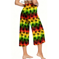 Pantalon Capri Rasta Dégradé pour Femme, Taille Haute, avec Cordon de Serrage, Motif Feuille d'Érable, Jambe Large, Idéal pour l'Été
