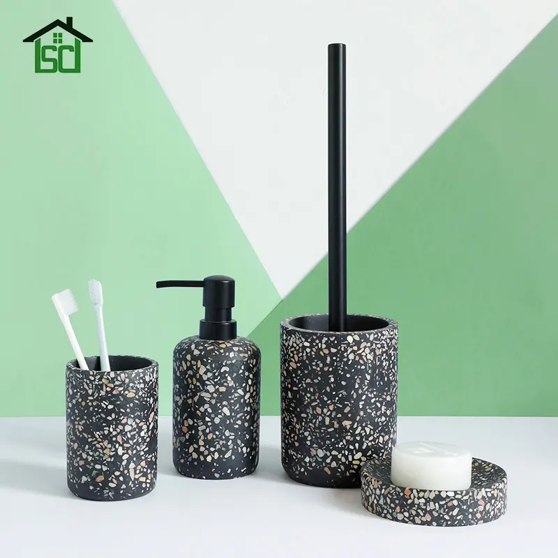 Black Terrazzo Sabun Dispenser Piring Tumbler Toilet Sikat Pemegang Poli Resin Aksesori Kamar Mandi