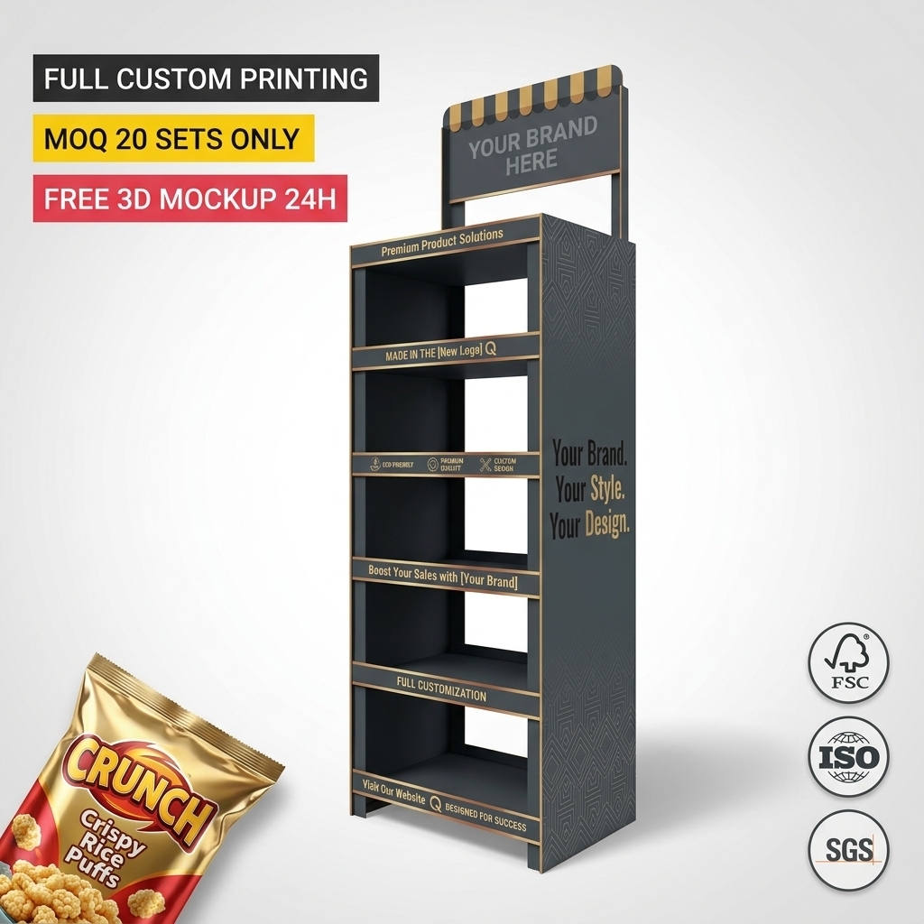 Wholesale Custom Branded Cardboard Floor Display Stand for Candy Potato Chips Snack Banana Yam Chips Puffed Food Retail Rack OEM — view 1