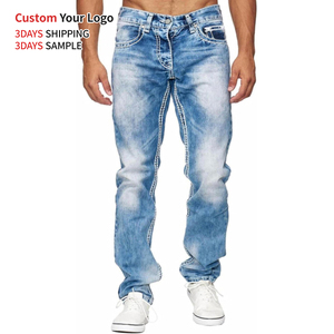 Jean décontracté en denim bleu de haute qualité, taille mi-haute, coupe droite, extensible, style streetwear, pour homme - Product Image 1