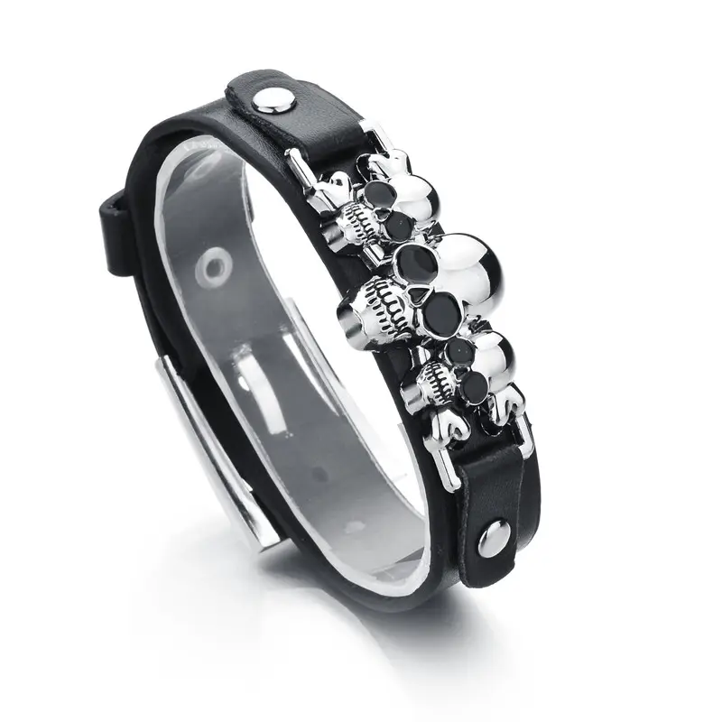 Perhiasan Unik Stainless Steel Skull Wrist Belt Gesper Gaya Hitam Pu Kulit Cuff Bangle Gelang untuk Pria