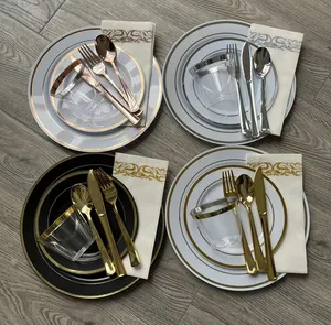600 Pieces Gold Rimmed Disposable Plastic Dinnerware Sets - Fork Spoon Knife Cup For Weeding Party Charger Plates