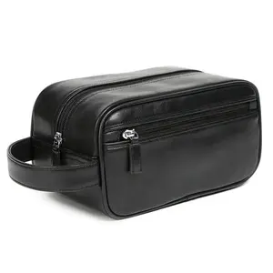 High Quality Faux Leather PU leather Men toilet bag Luxurious Black Double Zip Mens Leather Toiletry Bags for men