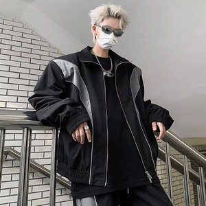 Ensembles pour hommes fermeture éclair col rabattu veste de couleur contrastée réfléchissante pantalon à jambes larges 2025 haute rue hommes survêtements de sport - Product Image 6