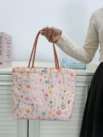 Tas Makan Siang Kecil Motif Bunga Bordir Model Bucket Tas Tangan Minimalis Tas Jinjing Kanvas untuk Kerja Luar Ruangan
