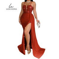 Rotes Pailletten-Sommer-Maxikleid mit Spaghettiträgern, schulterfrei, hohem Seitenschlitz, Spitze, offenem Rücken, Meerjungfrauen-Silhouette, Schleppe