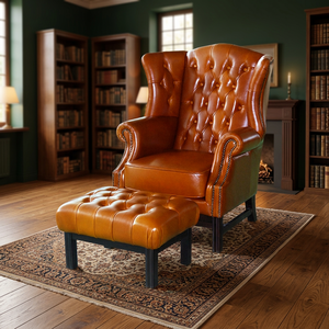 Ensemble canapé Chesterfield avec fauteuil à oreilles et ottoman BAS ASCOT - Mobilier de salon de luxe moderne et classique en cuir, fabriqué en Malaisie - Product Image 2