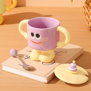 Cute Two Handled <b>Ceramic</b> <b>Mugs</b> Cartoon Coffee Cup with Lid and Spoon - Product Image 4