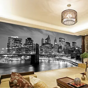 Papel de parede mural personalizado preto e branco com vista noturna para a cidade, mural de estudo, sala de estar, sofá, TV, fundo, papel de parede 3D