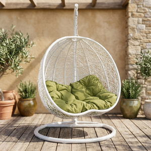 Modern White Wicker Hanging Egg Chair with Green <b>Cushion</b> and Metal Stand for Outdoor Patio and <b>Garden</b> - Product Image 4