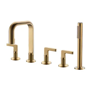 Hiện Đại Năm Lỗ Đồng Chải Vàng Ba Xử Lý Sàn Gắn Brass Bồn Tắm Vòi Nước Phù Thủy Tay Tắm