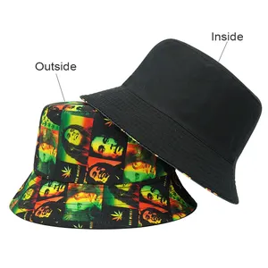 Großhandel Unisex Reise-Sonnencreme Baumwolle faltbar reversibel Panama Fischerkappe Hüte 420 jamaikanischer Bob Marley Druck Eimerhut