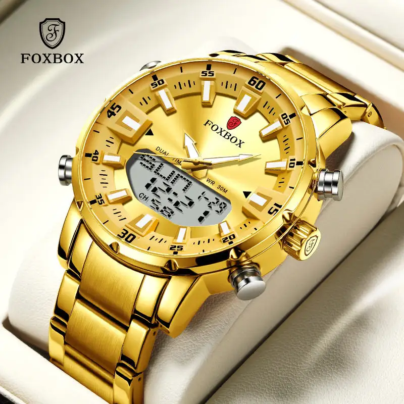 Модные мужские часы FOXBOX FB0012, роскошные мужские спортивные золотые кварцевые наручные часы из нержавеющей стали, мужские деловые повседневные кожаные часы