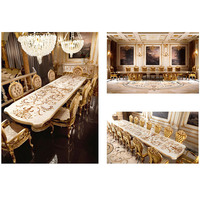 Ensemble de table et de chaises de salle à manger de style villa de luxe française, table de salle à manger longue de forme carrée en bois massif sculpté avec feuille d'or peinte à la main