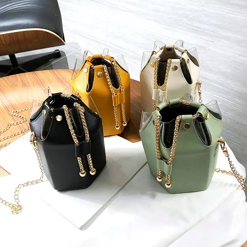 Wholesale Cute Splice Pvc Pu Chain Purse Crossbody Women Bucket Bag Handbags with Drawstring