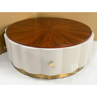 Table basse ronde de luxe avec plateau en placage de bois, armoire de rangement blanche, base dorée, table centrale moderne pour salon, meubles de maison