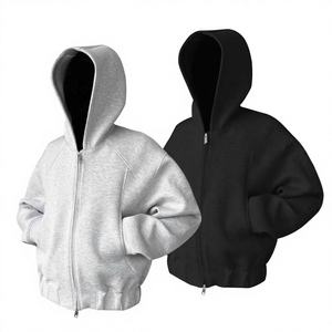 Nouveau sweat-shirt à capuche court et large en tricot uni à fermeture éclair vintage, lourd, pour unisexe, avec logo personnalisé - Product Image 4