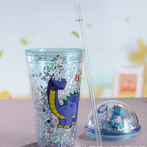 Bouteille d'eau en plastique à double paroi avec paille, motif <span class=keywords><strong>dinosaure</strong></span> de dessin animé mignon pour enfants - Product Image 3