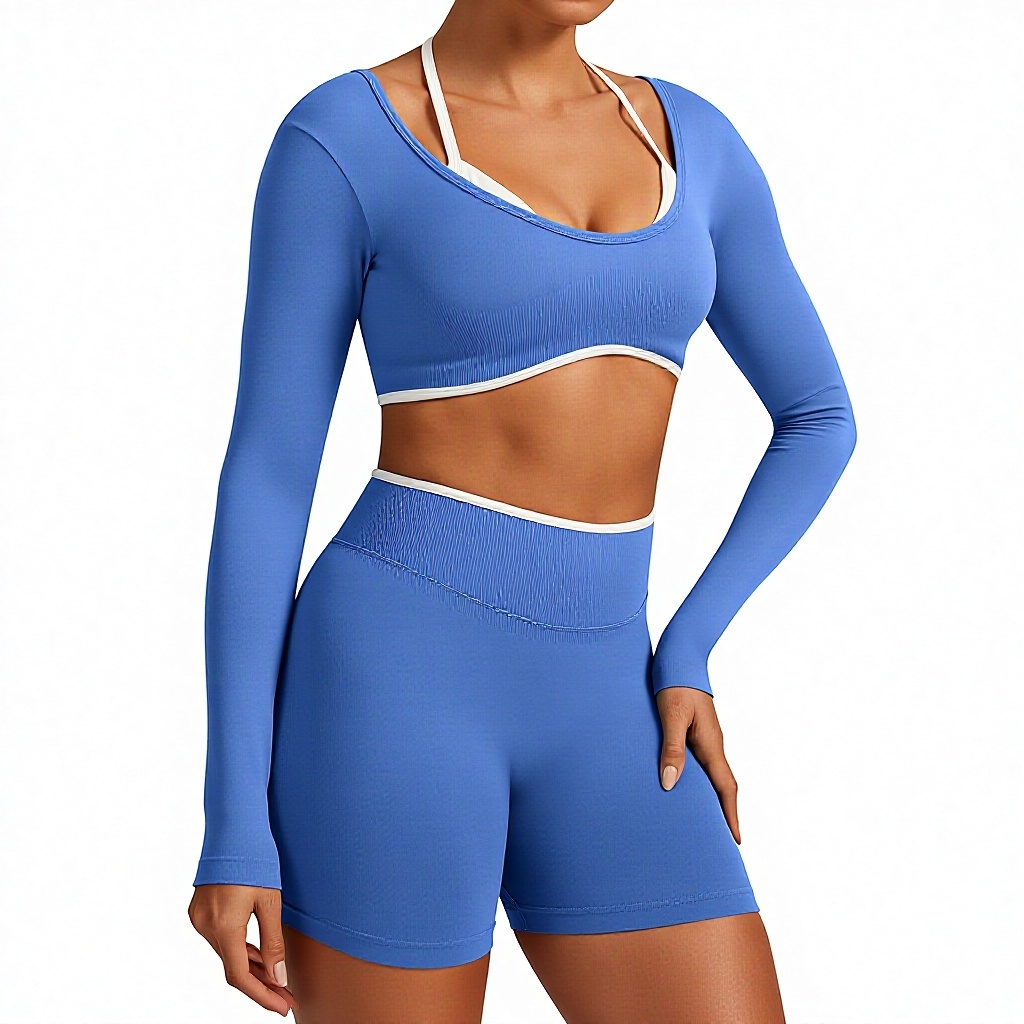 Seamless Contrast Color Yoga Long Sleeves Two-in-one T-shirt Cropped Slim-fit Yoga Top for Running Fitness