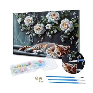 Factory Direct Oil Painting By Numbers Cat And Flower Wall Paint By Number Kit On Canvas For Living Room