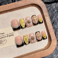 Faux ongles élégants en acrylique faits à la main, à pression, à couverture complète, avec incrustation émail vague océanique, courbure bec de canard courte à la française et texture 3D