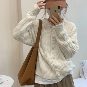 เสื้อคาร์ดิแกนไหมพรมถักลายหนาสำหรับผู้หญิง ทรงโอเวอร์ไซส์ อุ่นสบาย เหมาะสำหรับฤดูใบไม้ร่วงและฤดูหนาว - Product Image 2