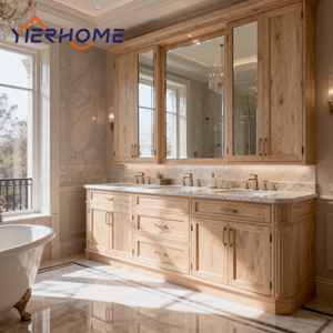 Meuble-lavabo double vasque moderne classique sur pied en bois massif, assemblage modulaire avec armoire miroir - Product Image 1