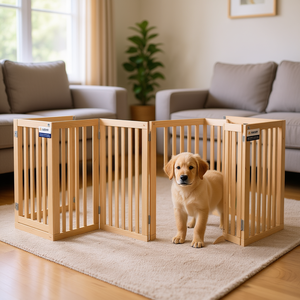 Barrière pour animaux de compagnie, ensemble de 6 panneaux en bois de peuplier naturel, pour chiens, utilisation intérieure, fermeture à pousser, style rectangulaire moderne - Product Image 2
