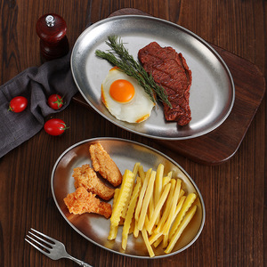 Retro Stainless Steel Oval Plate 20-20.9cm Solid Color Shallow Dish For Hotel Meals Microwave Safe - Product Image 2